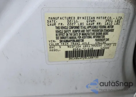 2011 Nissan Sentra 2.0 z USA, uszkodzony, nr VIN 3N1AB6AP2BL688735